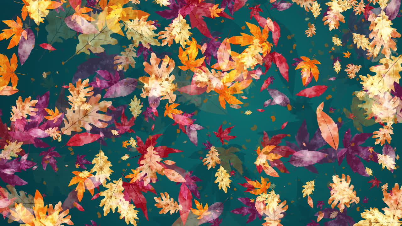 Fast motion of multicolored autumn leaves falling and swirling on a blue background. Abstract hand drawn looped motion graphics.