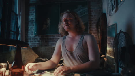 man relaxing in his apartment at night