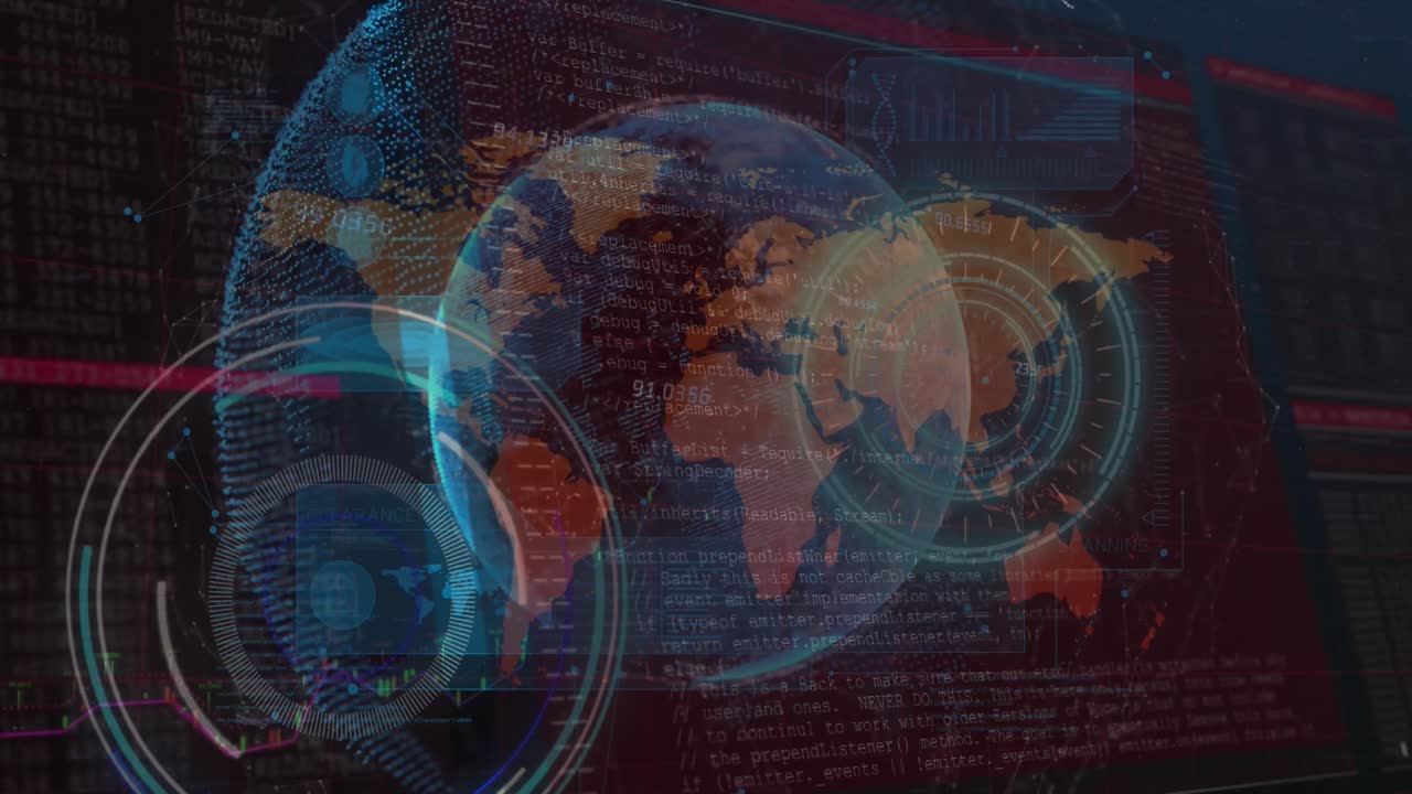 Animation of data processing with scope scanning over world map and globe