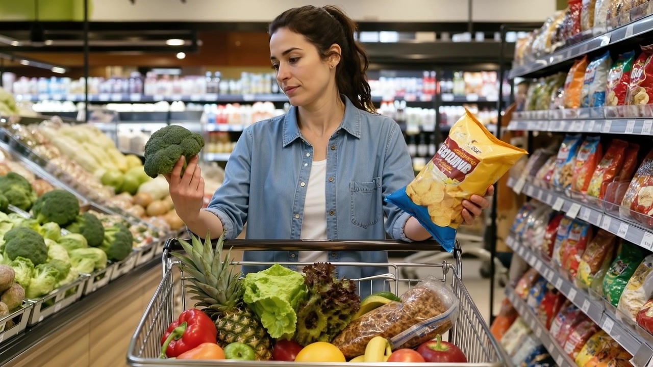 Mujer joven comparando productos mientras compra en la sección de frutas y verduras de un supermercado.