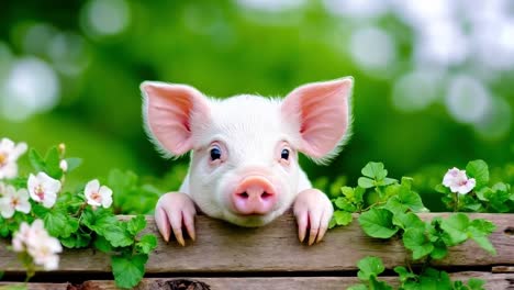 a small pig peeking over a wooden fence with flowers in the background