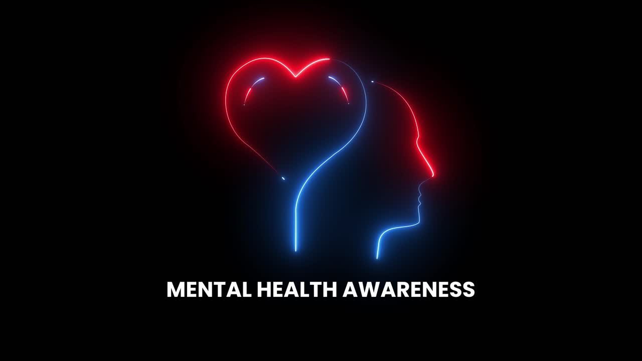 Neon Outline of Head and Heart for Mental Health Awareness