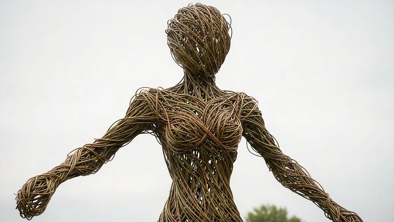 A captivating sculpture crafted from intertwined branches representing the beauty and strength of femininity, evoking a sense of grace and natural artistry in a serene outdoor setting