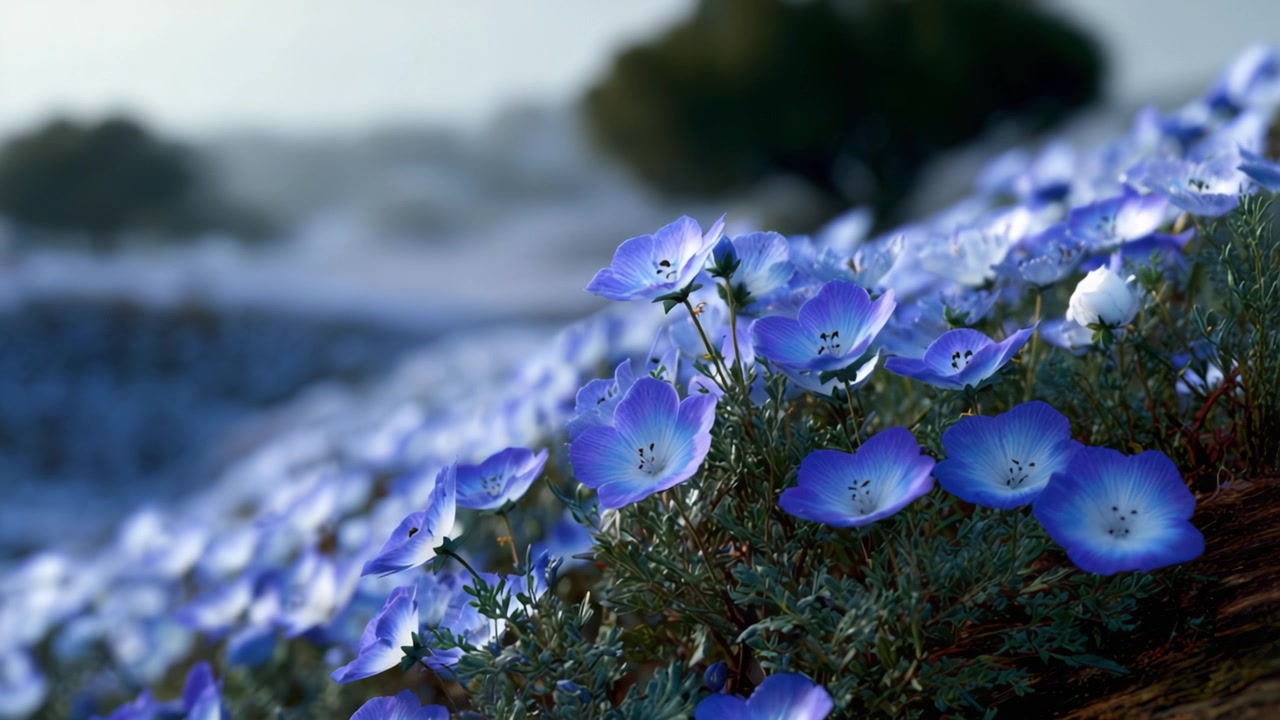 Um Belo Campo de Delicadas Flores Azuis Banhado em Luz Suave, Capturando a Serenidade e a Elegância Natural de uma Paisagem Tranquila