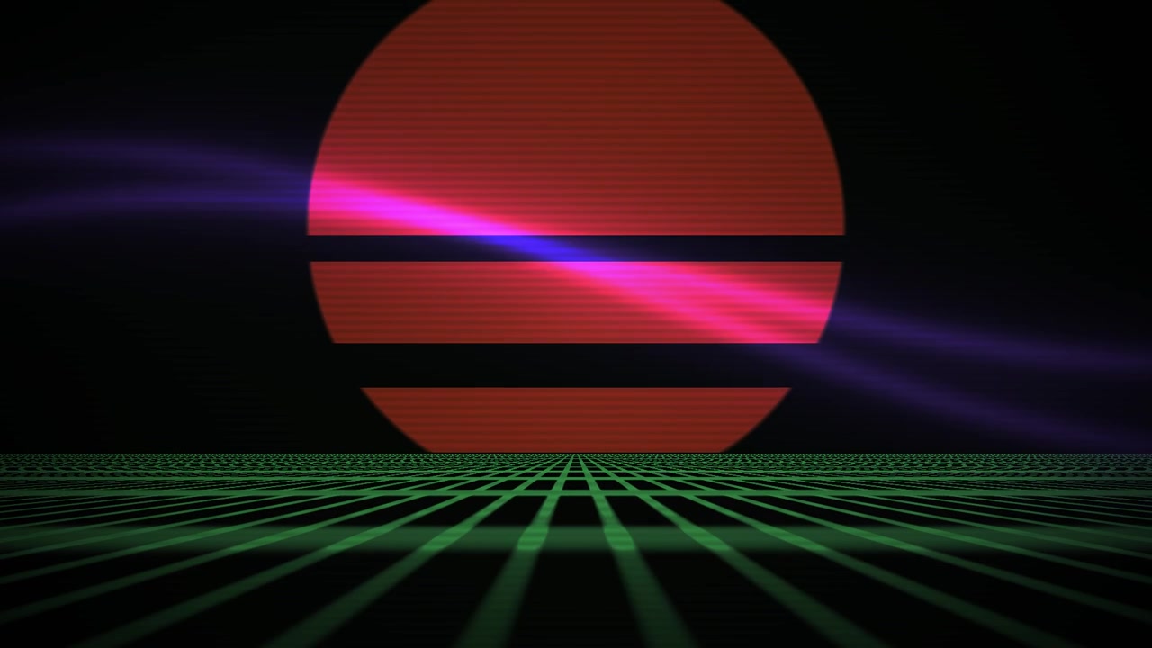 Paesaggio a griglia retro synthwave con sole nascente e raggio di luce al neon