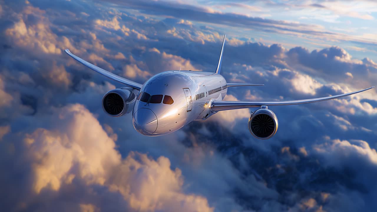 Elegantes, modernes Flugzeug, das bei Sonnenuntergang über dramatischen Wolken fliegt und die Gelassenheit und Erhabenheit des Flugs in einer wunderschönen Himmelslandschaft einfängt