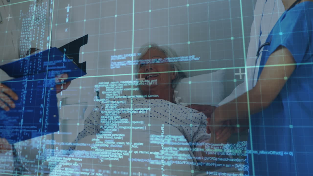 Animation of data processing over female doctor with senior patient
