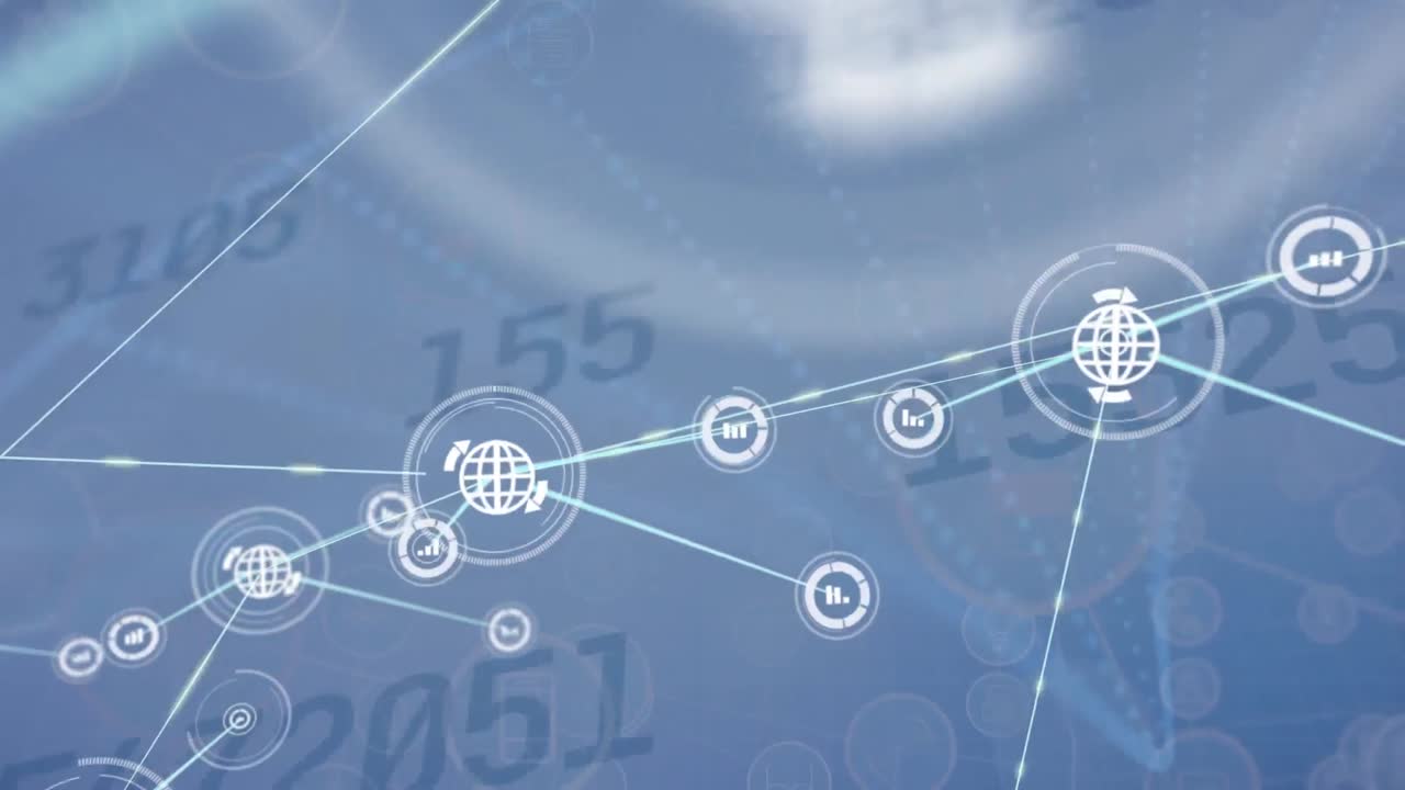 파란색 배경에 디지털 아이콘과 데이터 처리로 연결 네트워크의 애니메이션