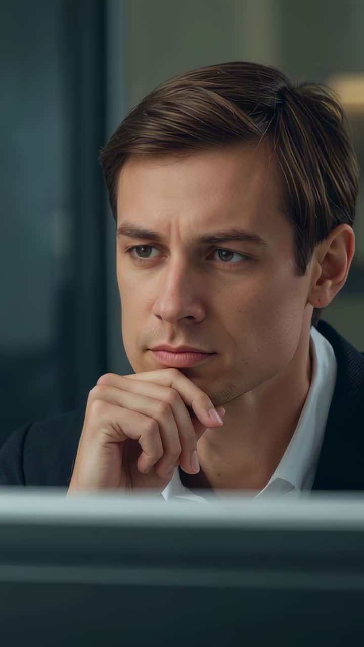 Vertical video: Turning man in suit shifting gaze right at desk to monitor hearing offscreen sound