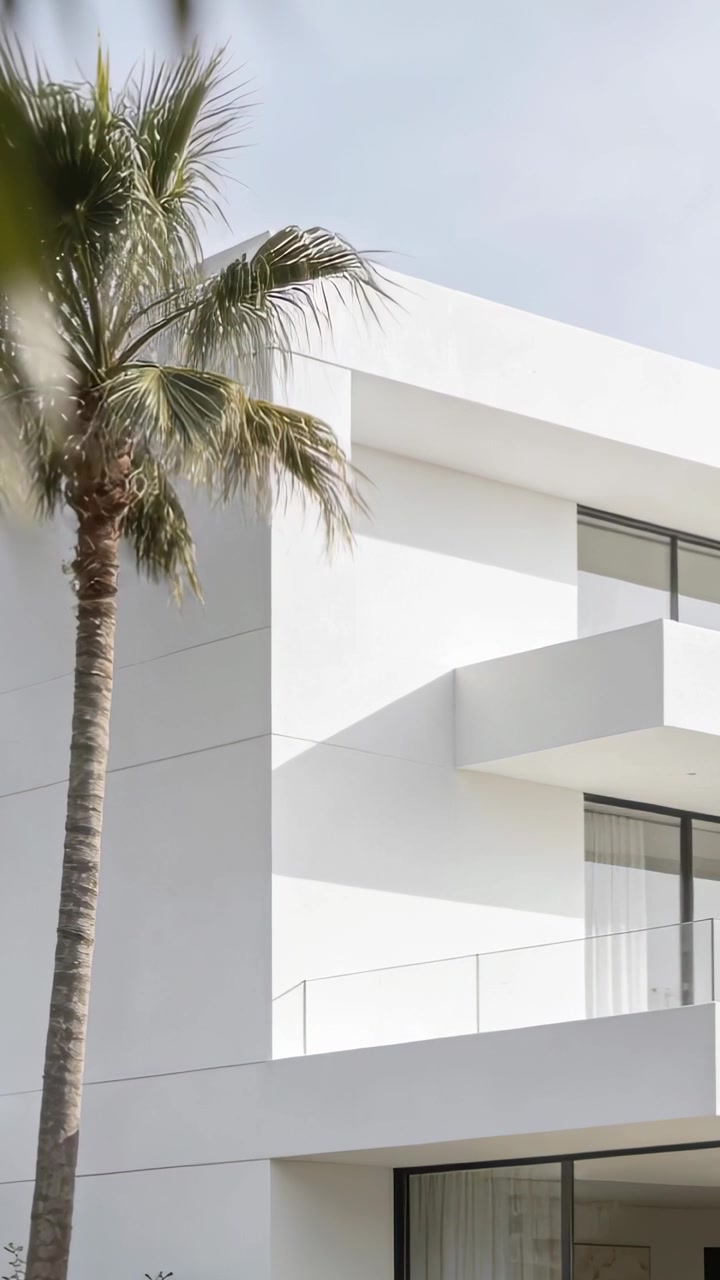 Video verticale: Telecamera che si sposta rivelando una moderna casa bianca, finestre di vetro e fronde di palma ondeggianti