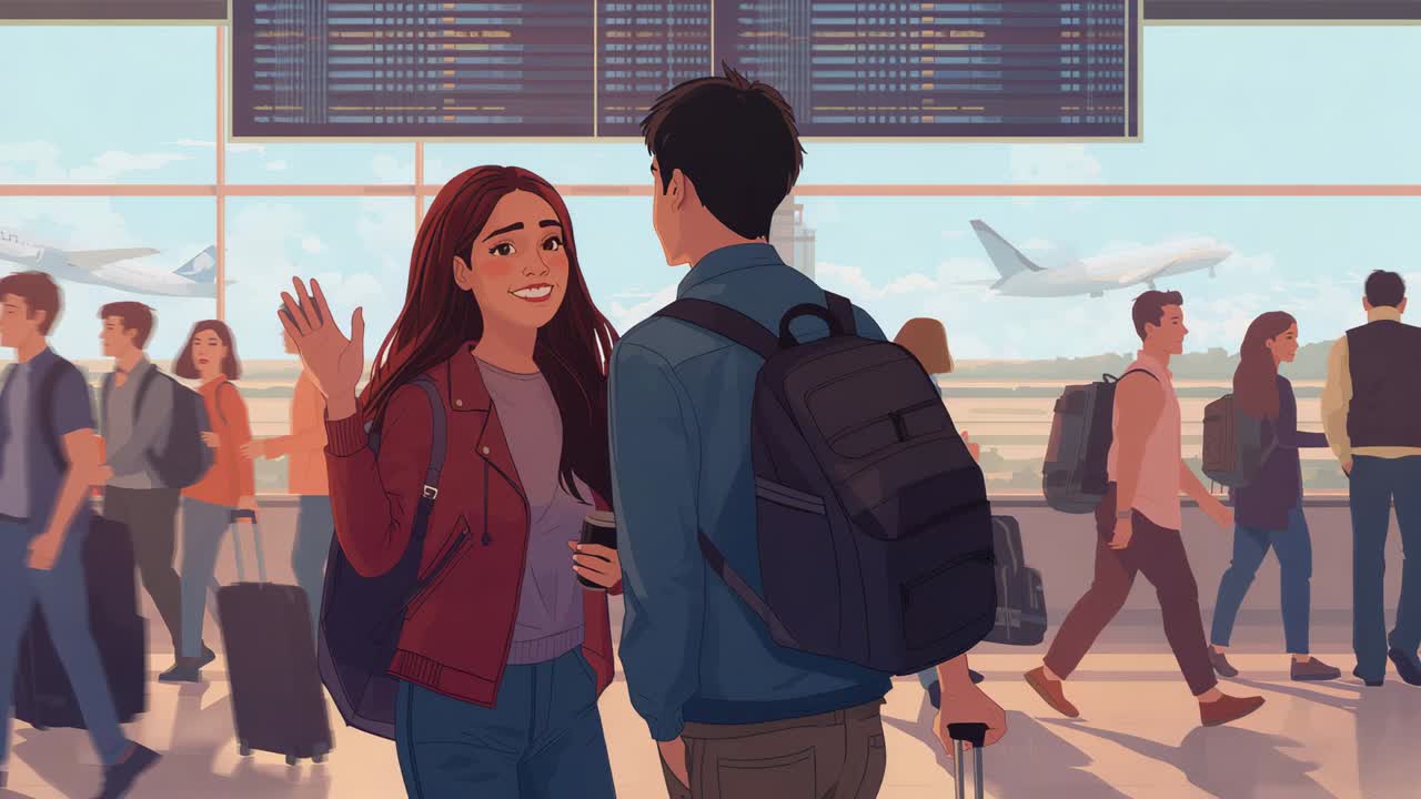 Waving woman red jacket holding phone, talking with man with backpack and case at airport, parting