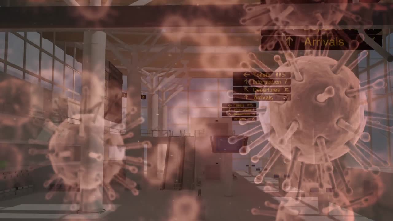 대규모 코로나19 세포가 공항의 빈 출발 라운지에 퍼지는 애니메이션