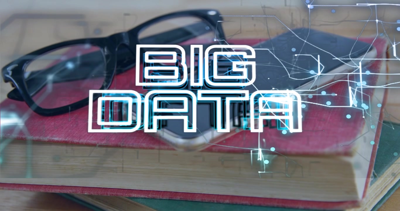 Faint glitch starting holographic BIG DATA forming over book stack and phone, showing network build