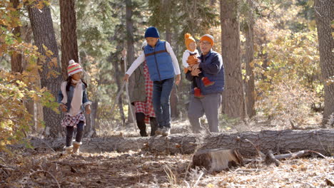 Asian-family-of-five-enjoying-a-walk-together-in-a-forest