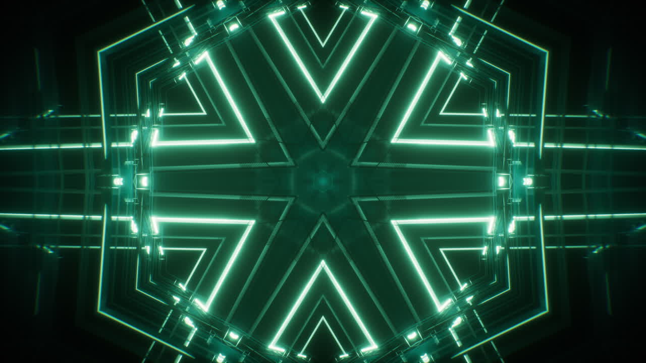 modello di kaleidoscopio al neon astratto con effetti luminosi, rendering 3d.