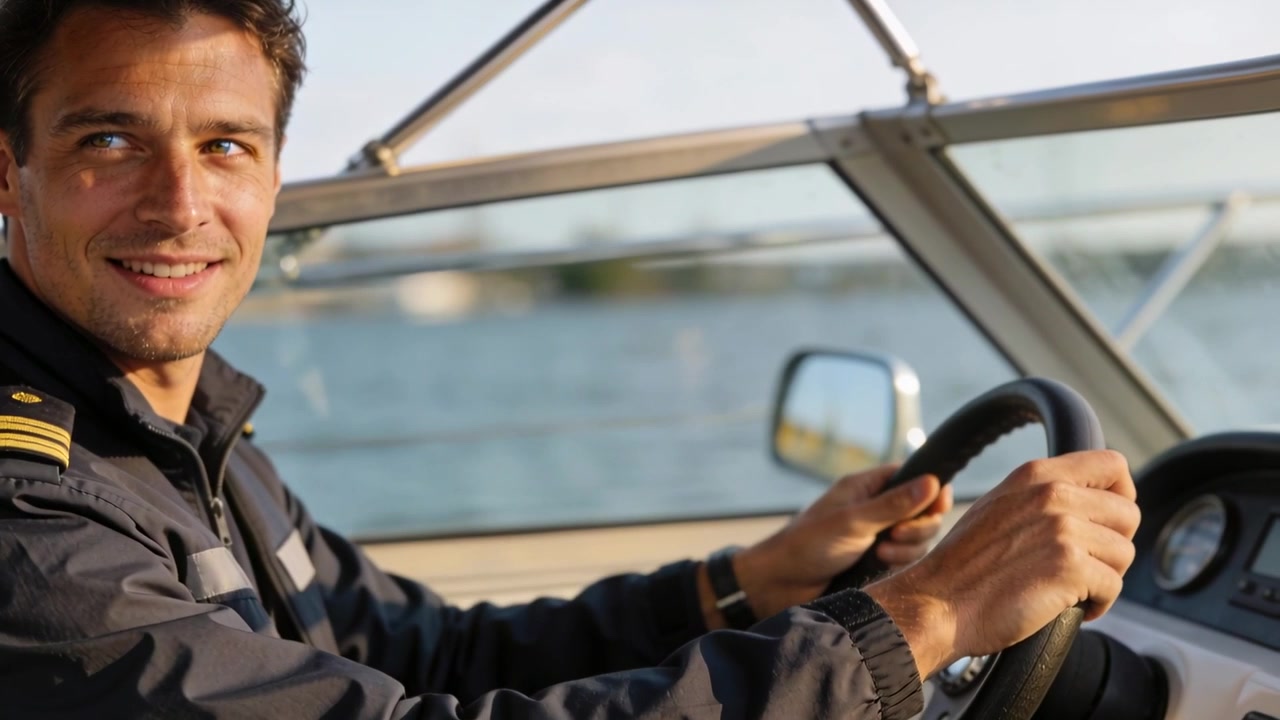 Capitano al timone che indossa una giacca scura con spalline, reagisce alla scia e regola il volante.