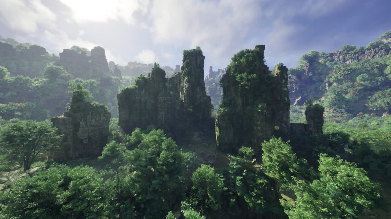 Natural rock formations surrounded by lush greenery in a mountainous area