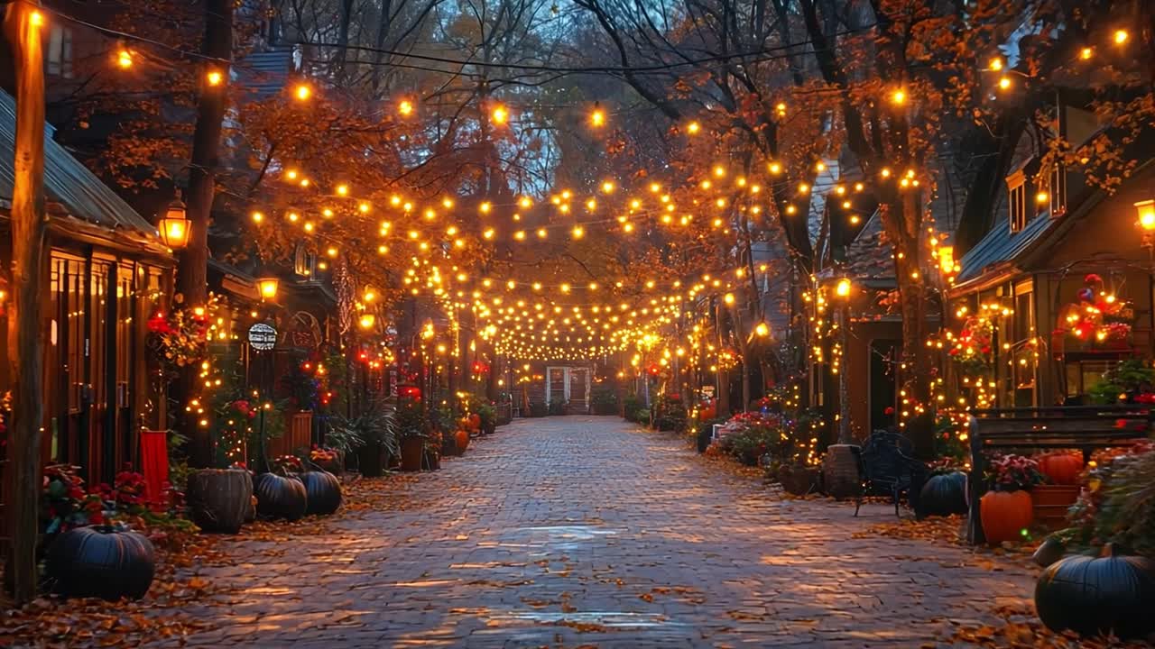 Autumn Village Street with Festive Lights