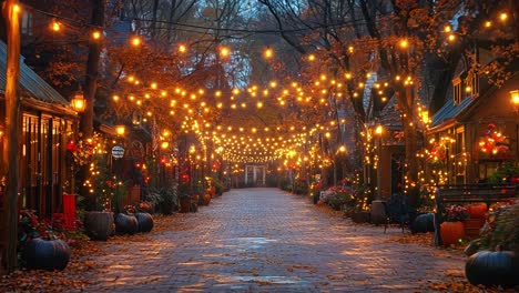 autumn village street with festive lights
