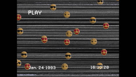 digital animation of vhs glitch effect over multiple face emojis against tv static effect