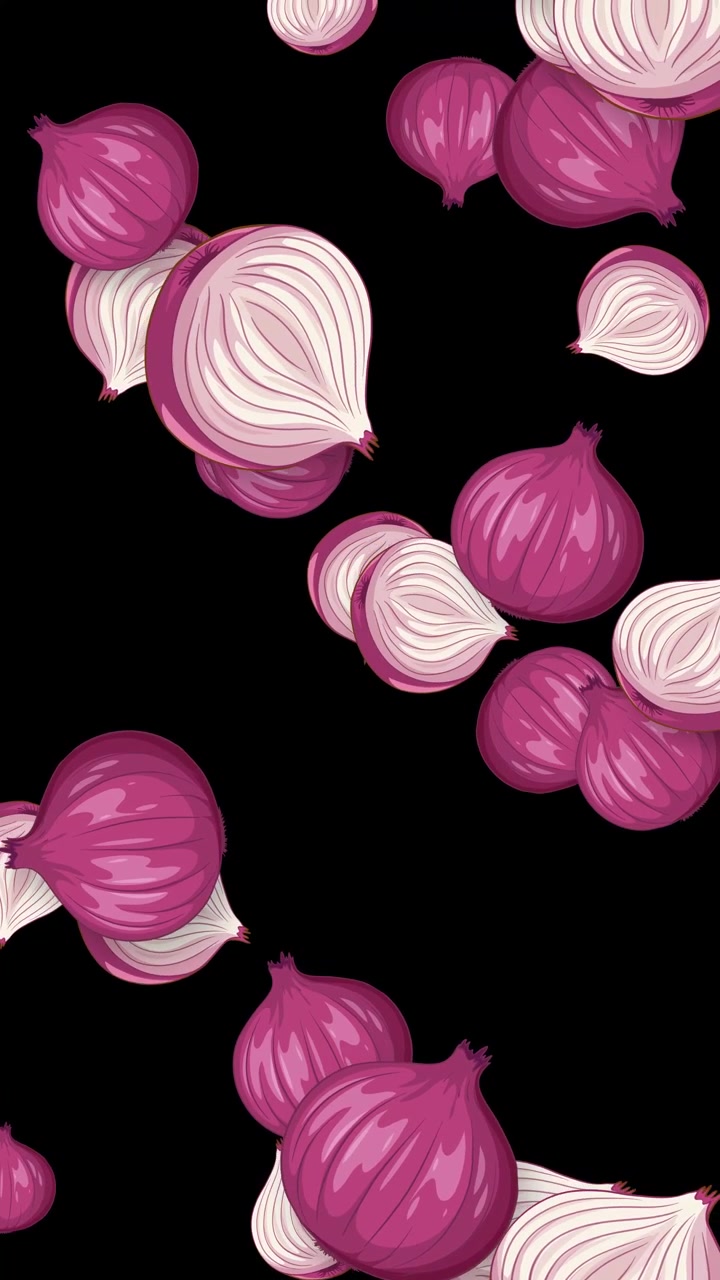 Cipolle rosse stilizzate intere e dimezzate cadono verticalmente attraverso l'inquadratura su sfondo nero.