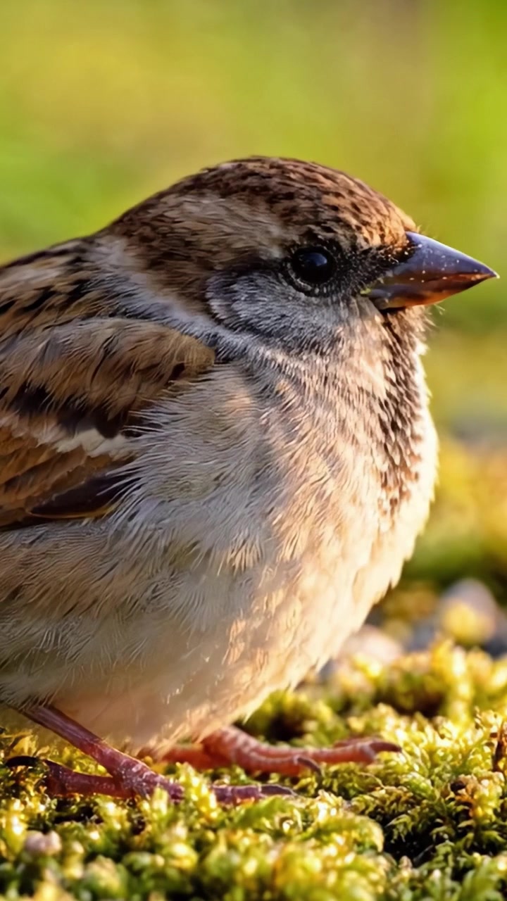 Un delicato passero appollaiato con grazia su muschio lussureggiante, che affascina gli spettatori con le sue caratteristiche affascinanti e il piumaggio splendidamente strutturato nell'ambiente naturale luminoso.