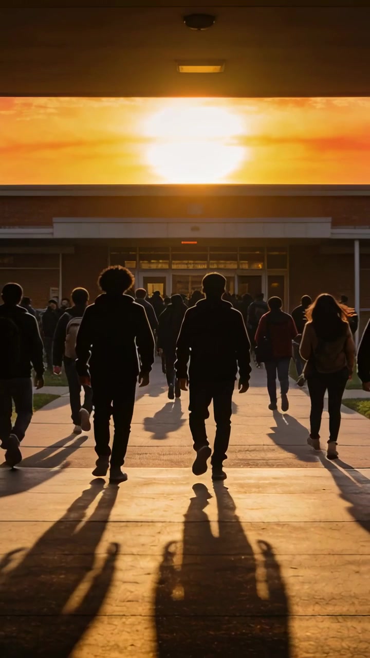 Video verticale: Due colleghi con borse che camminano verso l'ingresso del campus al tramonto, altri che si uniscono, lunghe ombre