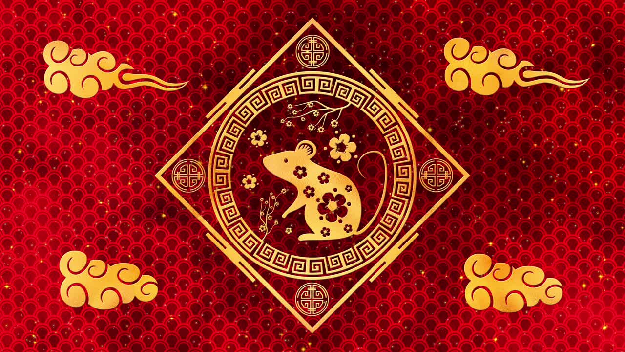 año nuevo lunar, fondo del festival de primavera con rata dorada, patrón de seda roja. año nuevo chino telón de fondo de papel rojo para el evento de vacaciones. animación de renderización 3d. bucle sin costuras 4k