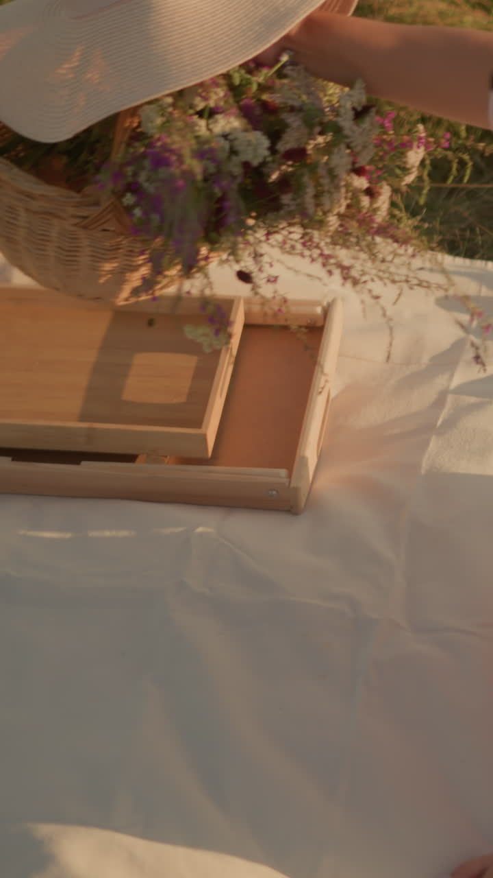dama de camisa rosa sentada en la alfombra de picnic, alcanzando la canasta que contiene flores y sombrero de sol para mantener cerca de su pierna, bolsa de papel blanco cerca, luz solar cálida