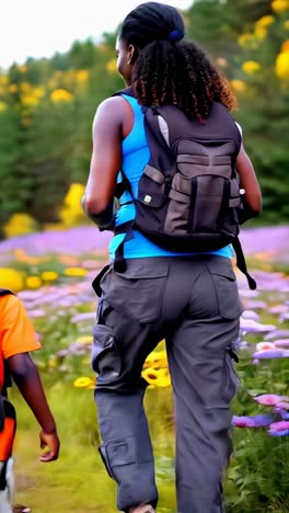 afro mother and two children hiking through a lush forest in springtime.