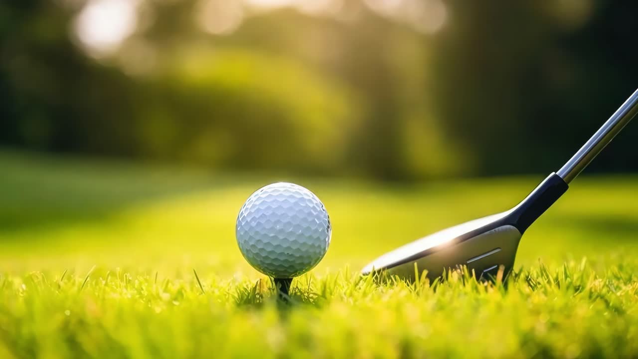 Primo piano, inquadratura dal basso di una pallina da golf su un tee con una mazza, per catturare l'attesa di uno swing