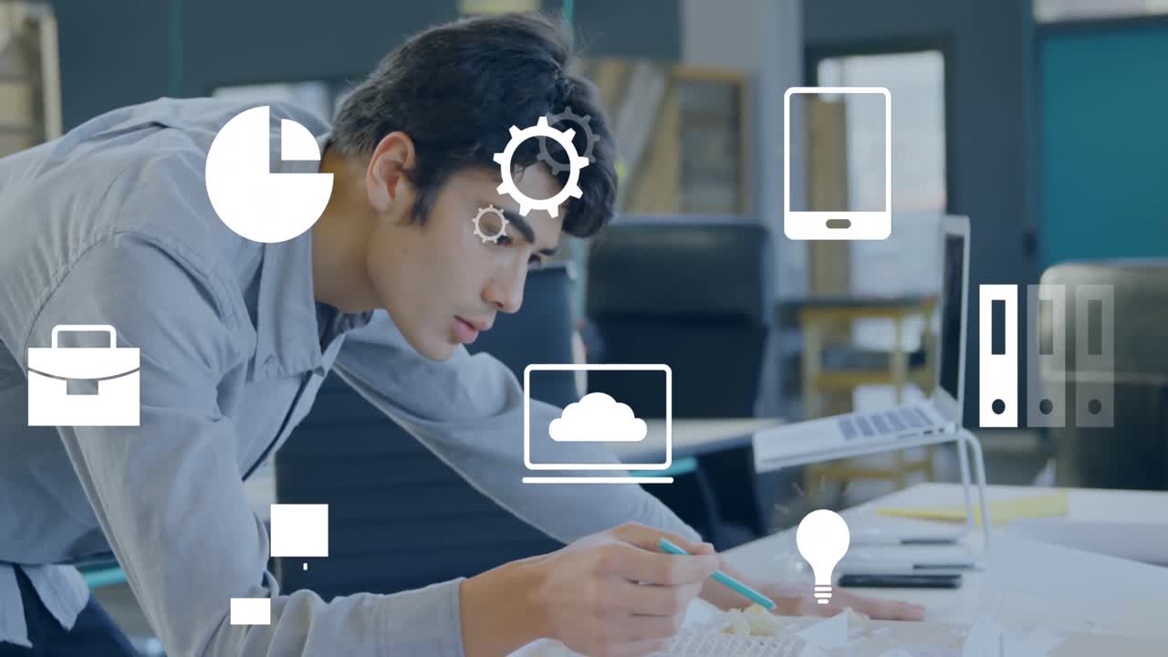 animación de múltiples iconos digitales sobre un hombre de negocios nativo americano trabajando en la oficina.