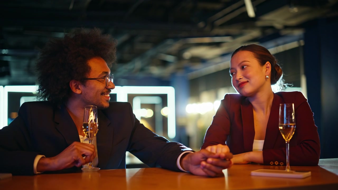 Woman touching hair flirting champagne party. Multiracial pair chatting bar.