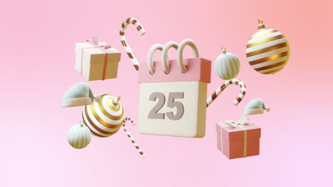 animación del calendario con el número 25 y decoraciones de navidad sobre fondo rosa