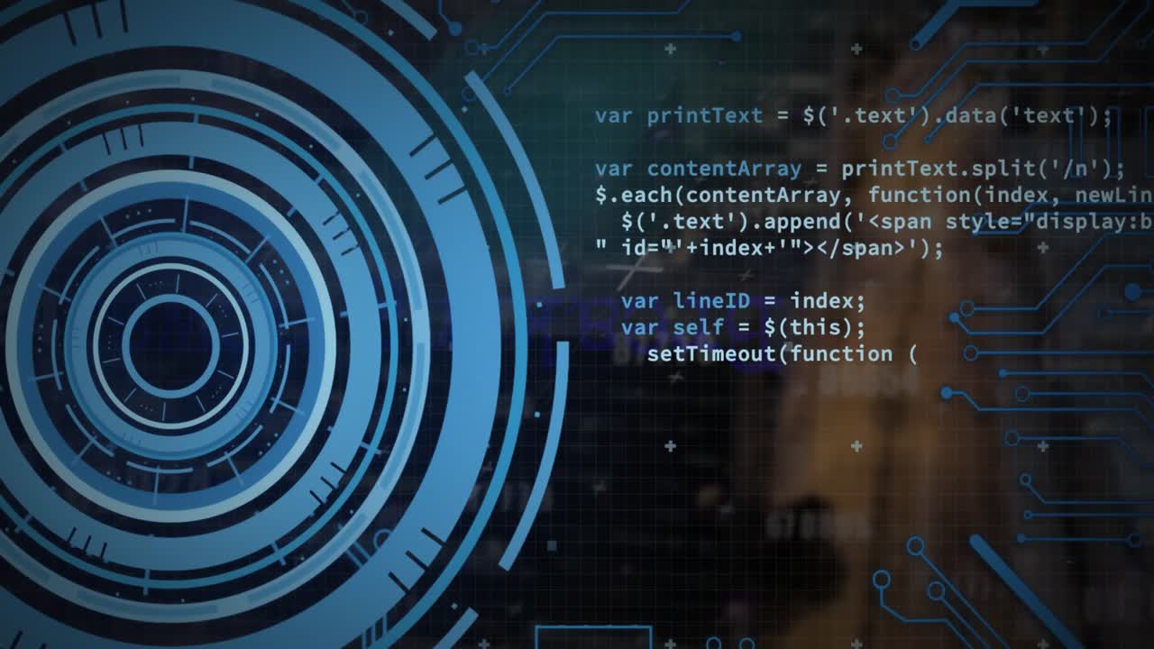 animación de círculos de carga, patrón de placa de circuitos y lenguaje informático sobre un fondo abstracto
