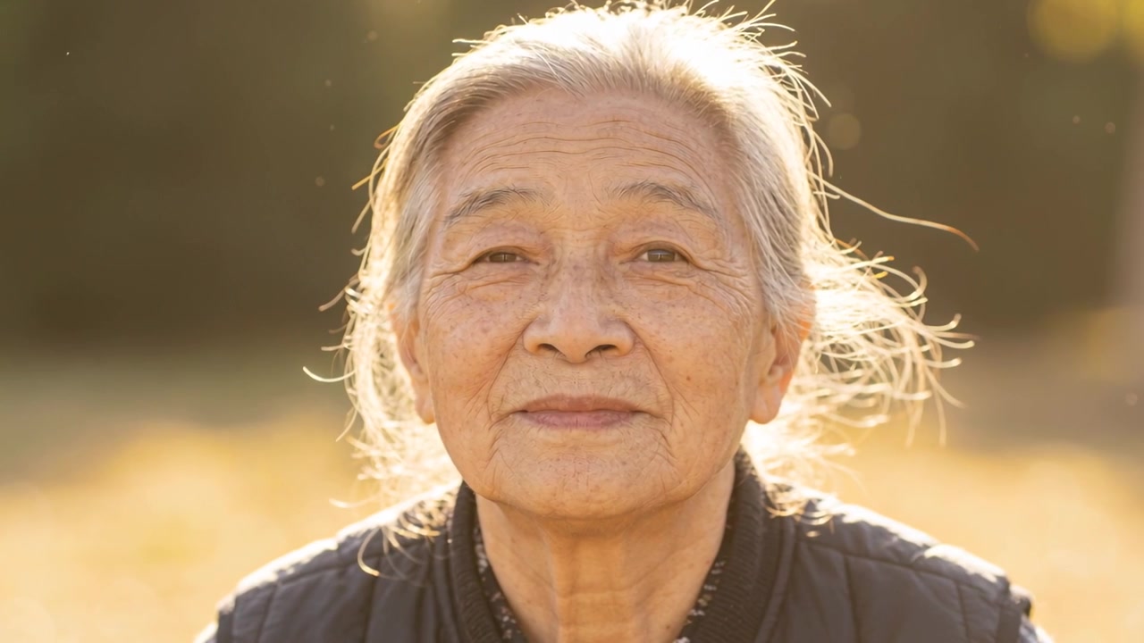 Una donna asiatica anziana, di fronte alla telecamera in un parco, sorride mentre la brezza le solleva i capelli, indossando un gilet trapuntato e una collana di perline.