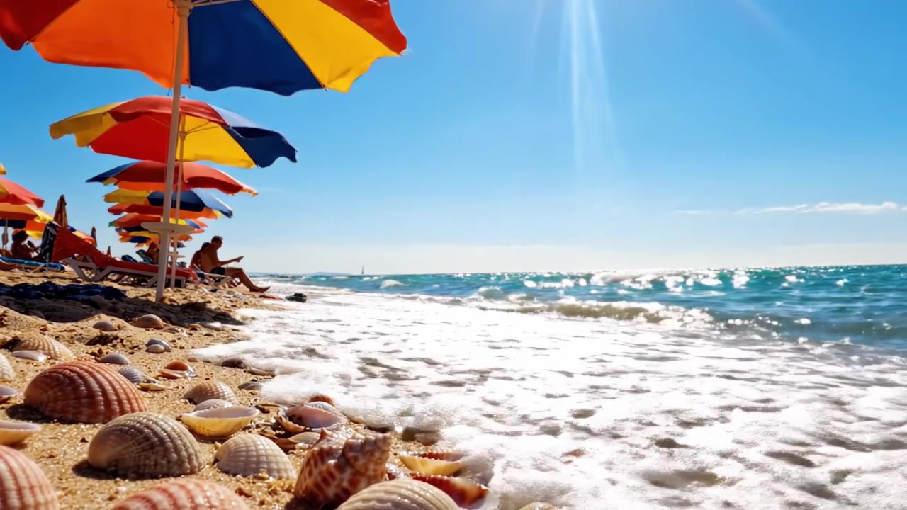 Een prachtig strandtafereel met kleurrijke parasols, schelpen en zachte golven onder stralende zonneschijn, uitnodigend tot ontspanning en recreatie aan de kustlijn.