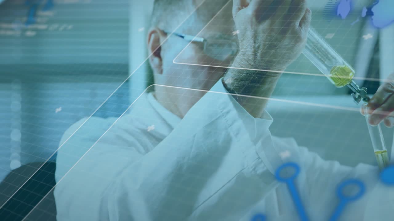 Sr scientist aligning pipette, dosing yellow solution into clamped vial for lab QC showing overlays