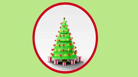 Animation-of-christmas-tree-with-presents-in-circle-on-green-background