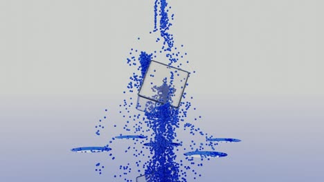 durchsichtiger 3d-würfel mit silbernen rändern, der in der luft hängt und sich dreht. design. viele blaue staubpartikel fliegen aus den löchern hoch und bewegen sich um die sich drehende figur.