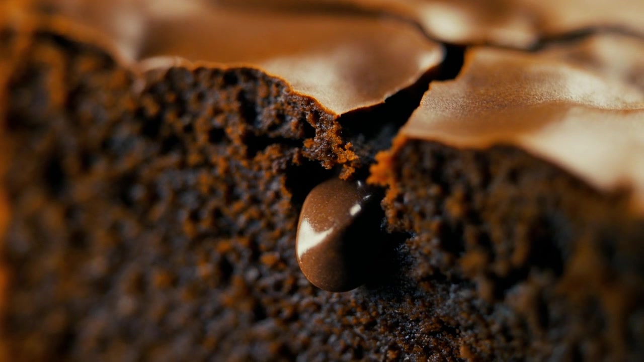 Primo piano di una goccia di cioccolato fusa in un brownie appena sfornato