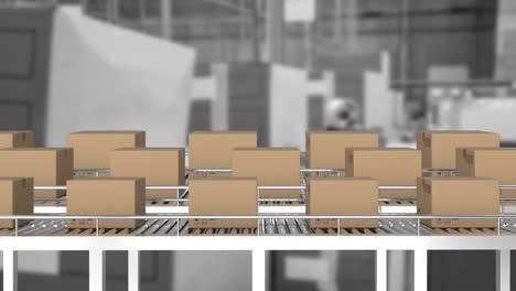 animation of boxes on conveyor belt over warehouse