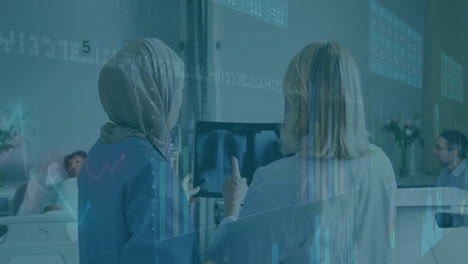 Doctors examining X-ray with data processing animation over hospital scene