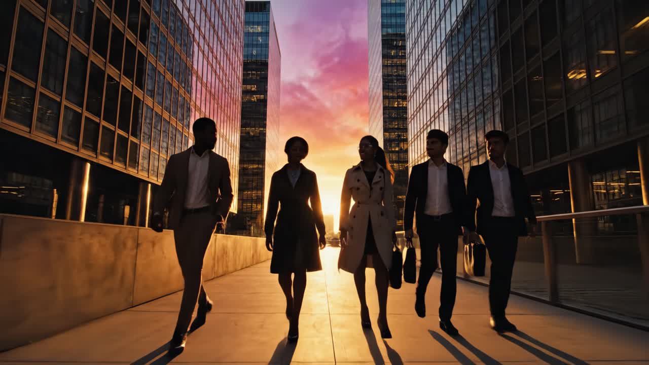 Business people walking in the city at sunset