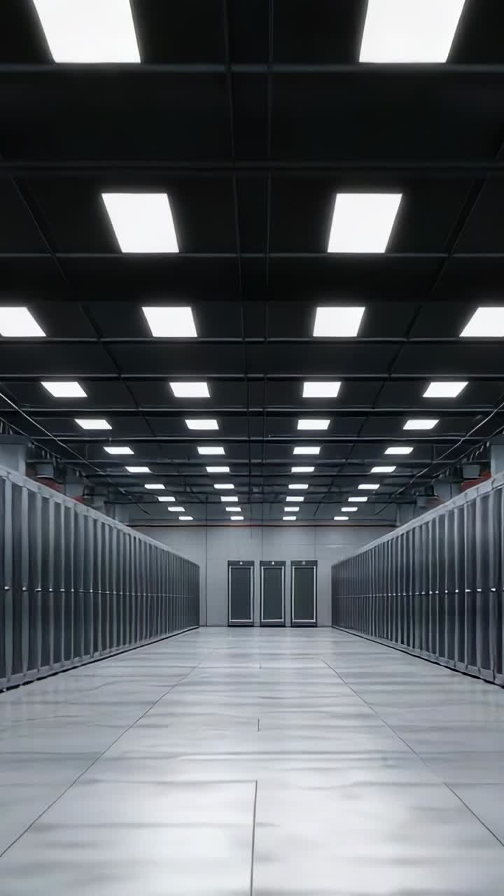 Video verticale: Motore che si attiva, sollevando una porta sezionale che rivela il corridoio di un datacenter per l'accesso all'attrezzatura