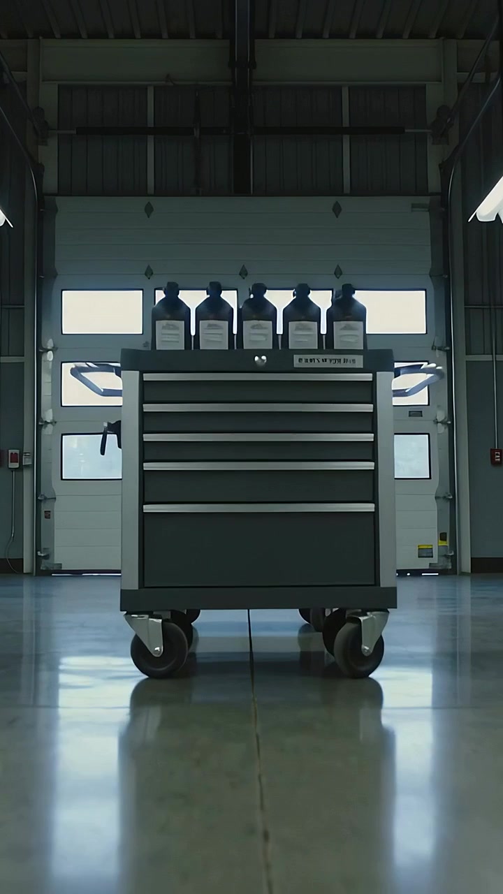 Vertical video: Rolling tool cart moving toward camera in workshop, after push, with five bottles