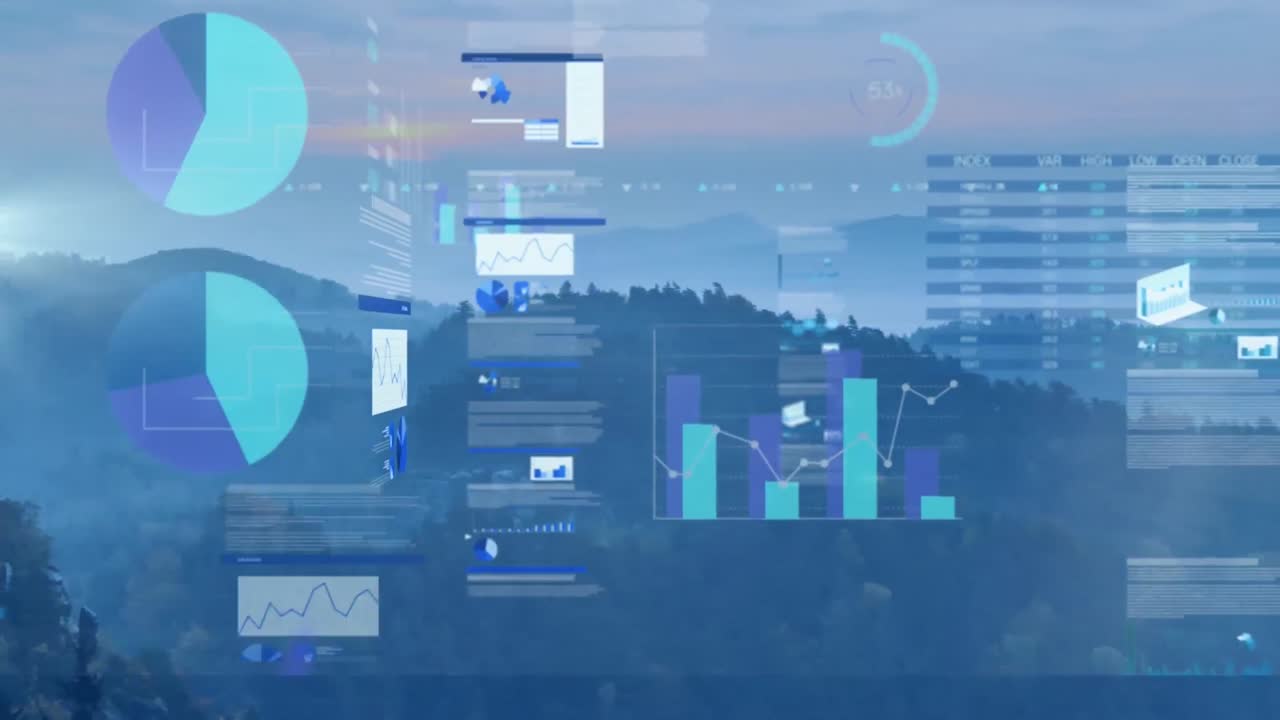 Animation of statistics and financial data processing over landscape on blue background