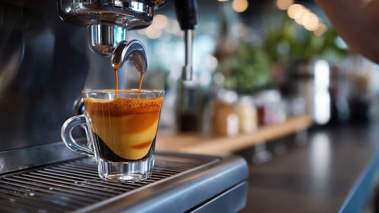 Caffè espresso caldo si versa in una tazza di vetro trasparente. Il vapore sale delicatamente dal caffè appena fatto. Un liquido ricco e scuro scorre lentamente, riempiendo la tazza. Una moderna macchina da caffè espresso luccica dolcemente sullo sfondo.