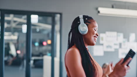 Music,-phone-and-dance-with-a-business-black-woman