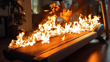 una cinta de correr con un fuego ardiendo en ella en una sala de estar